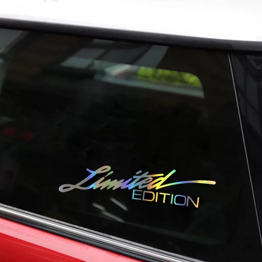 Black text laser reflective car sticker on vehicle surface