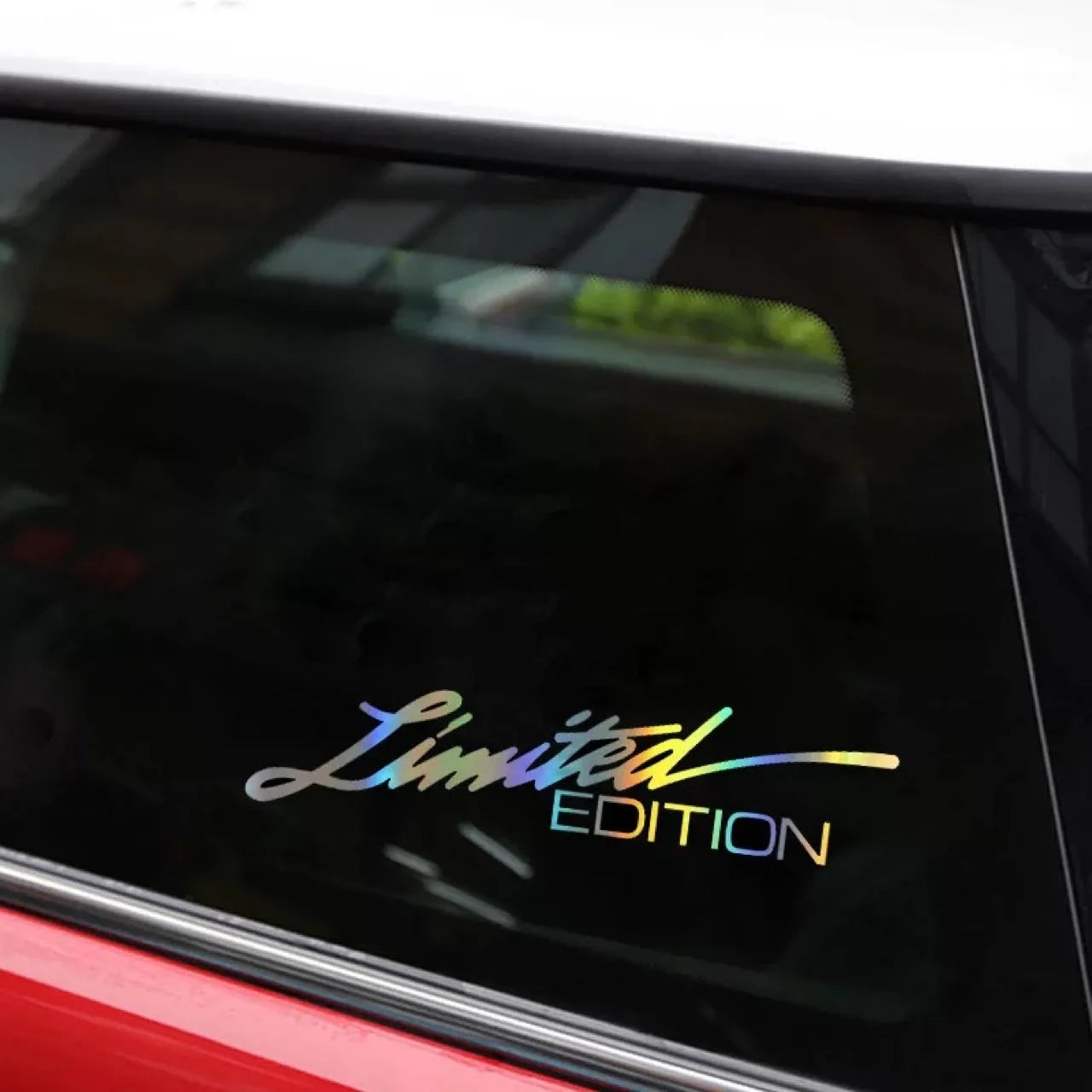 Black text laser reflective car sticker on vehicle surface