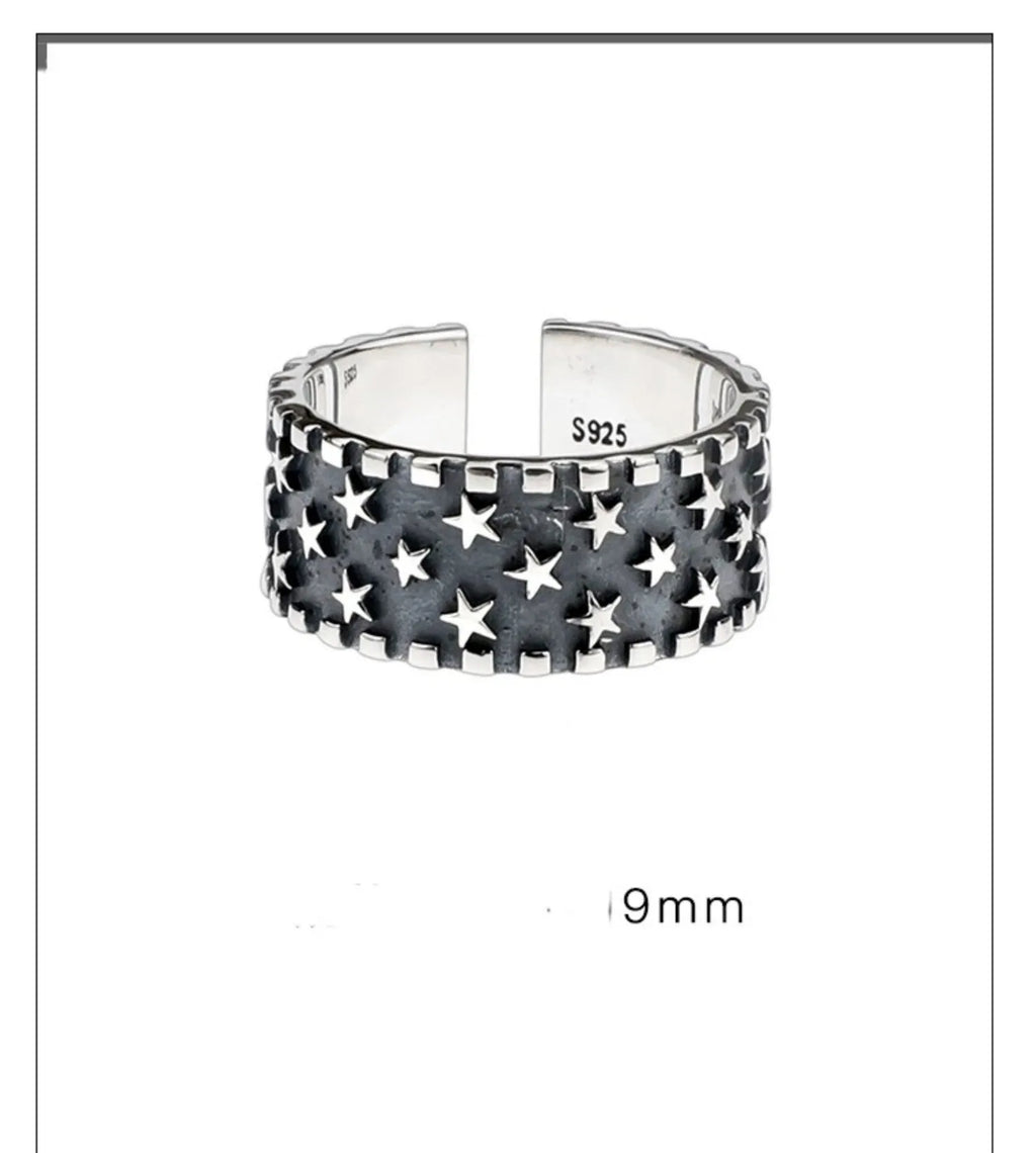 925 silver adjustable ring with geometric five-pointed star pattern.