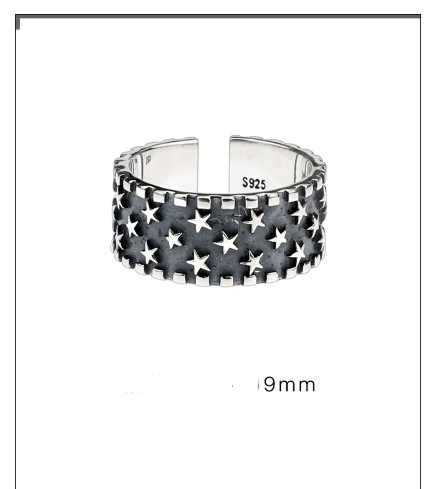 925 silver adjustable ring with geometric five-pointed star pattern.