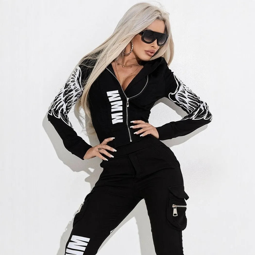 Black women's printed casual suit with hooded zip-up top and matching trousers.