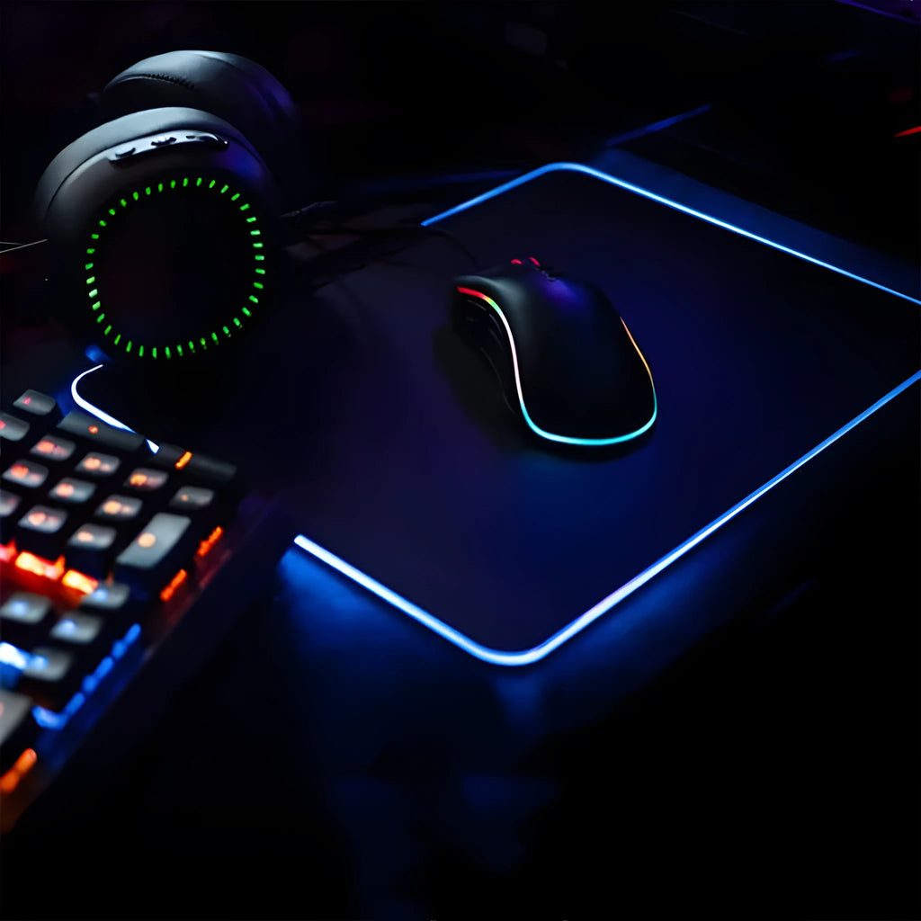 RGB illuminated mouse pad with non-slip rubber base and cloth surface in black