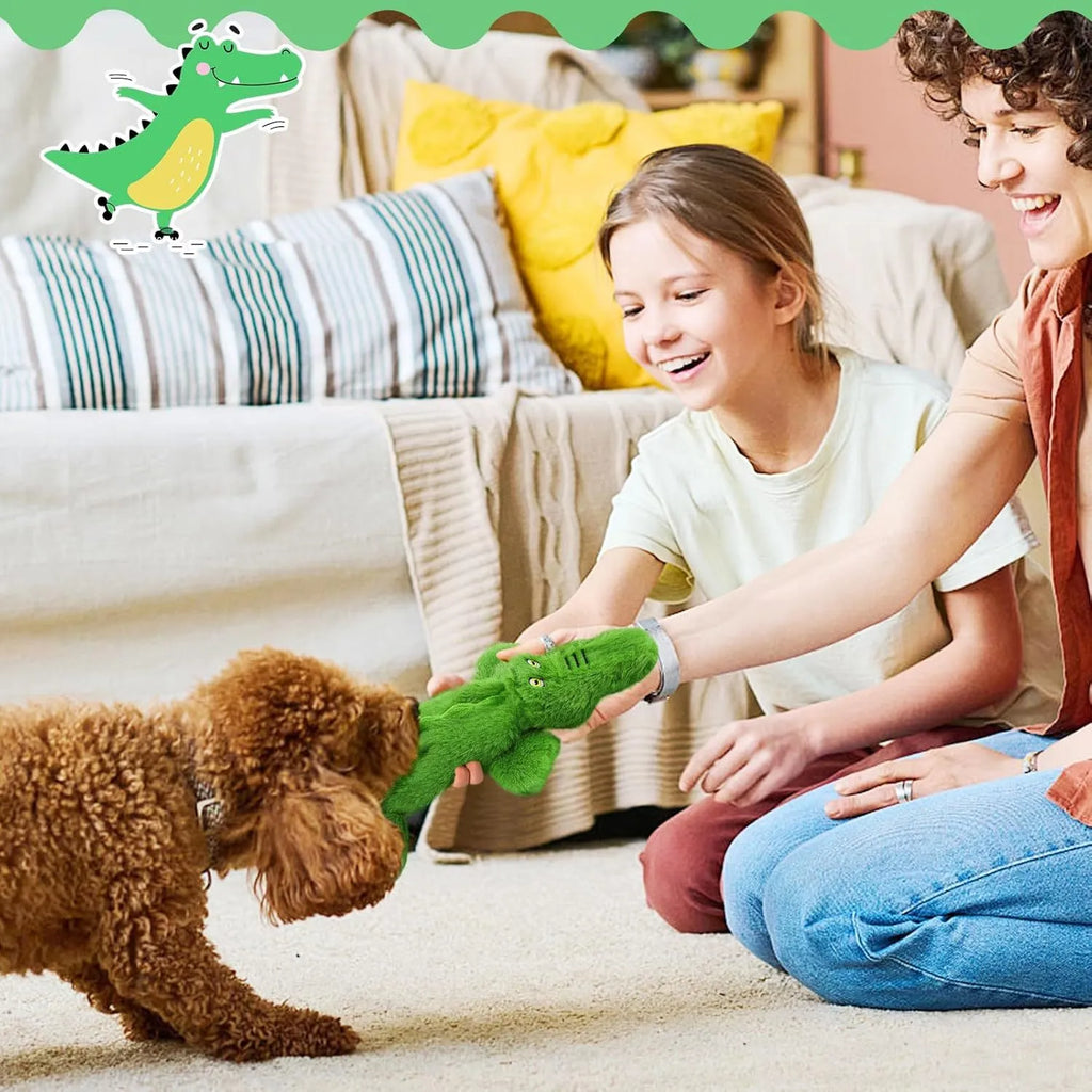 Green crocodile-shaped dog toy with squeaker and crinkle features for aggressive chewers