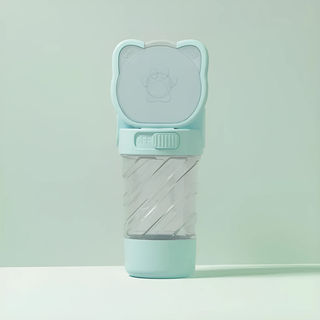 Green 3-in-1 portable pet water bottle with attached bowl, food container, and waste bag dispenser.
