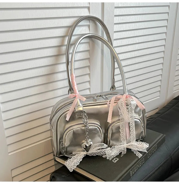 Large capacity soft PU leather shoulder bag in horizontal square shape with mobile phone pocket