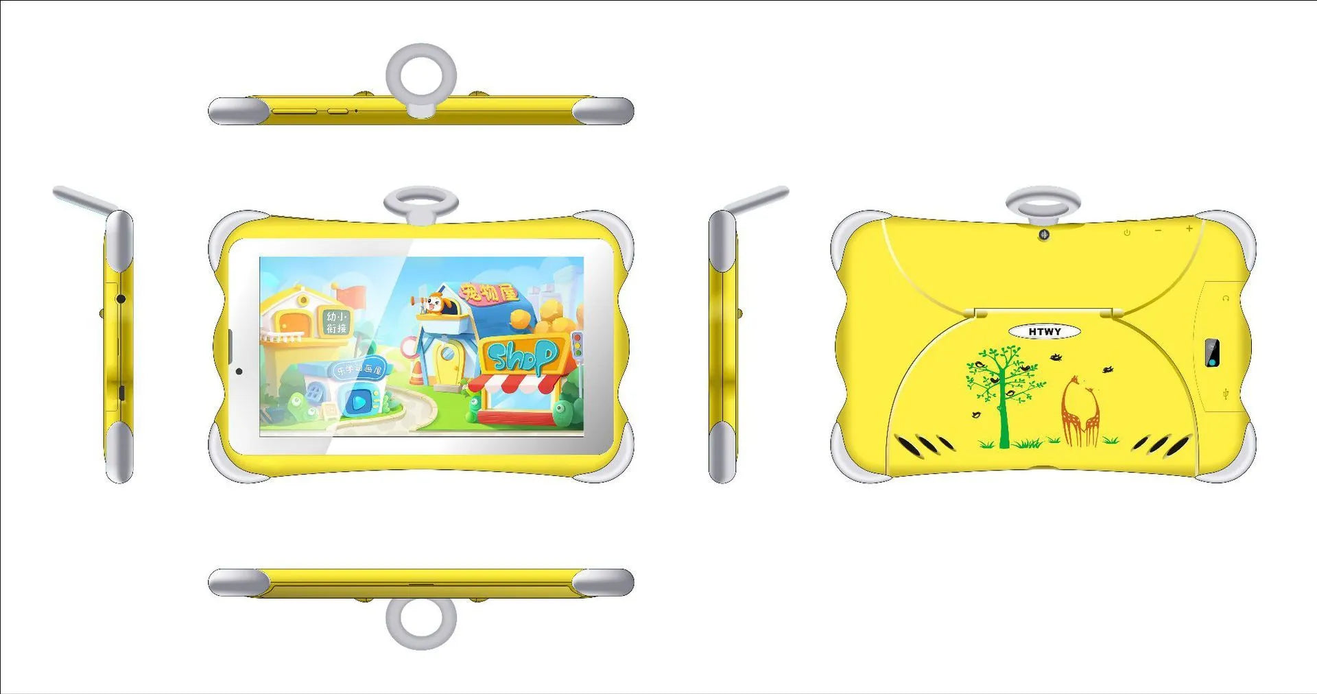 Cartoon green children's 7-inch learning tablet displayed on its included stand