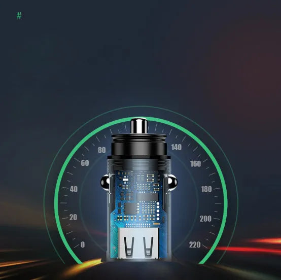 Black aluminium alloy dual USB smart car charger plugged into a 12V car socket.
