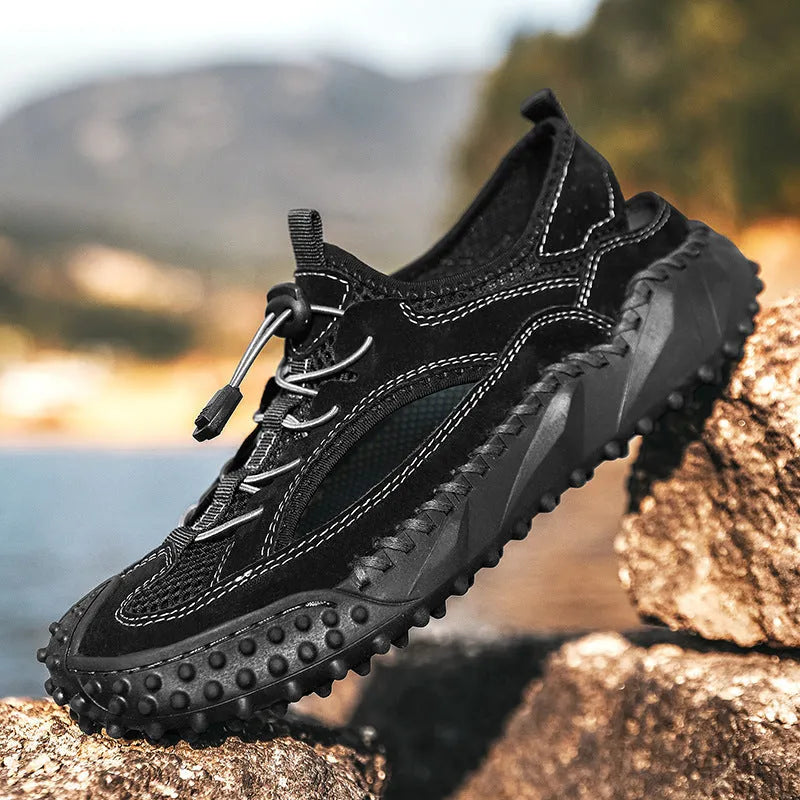 Men's black waterproof sports sandals with leather mesh upper and elastic band fastening