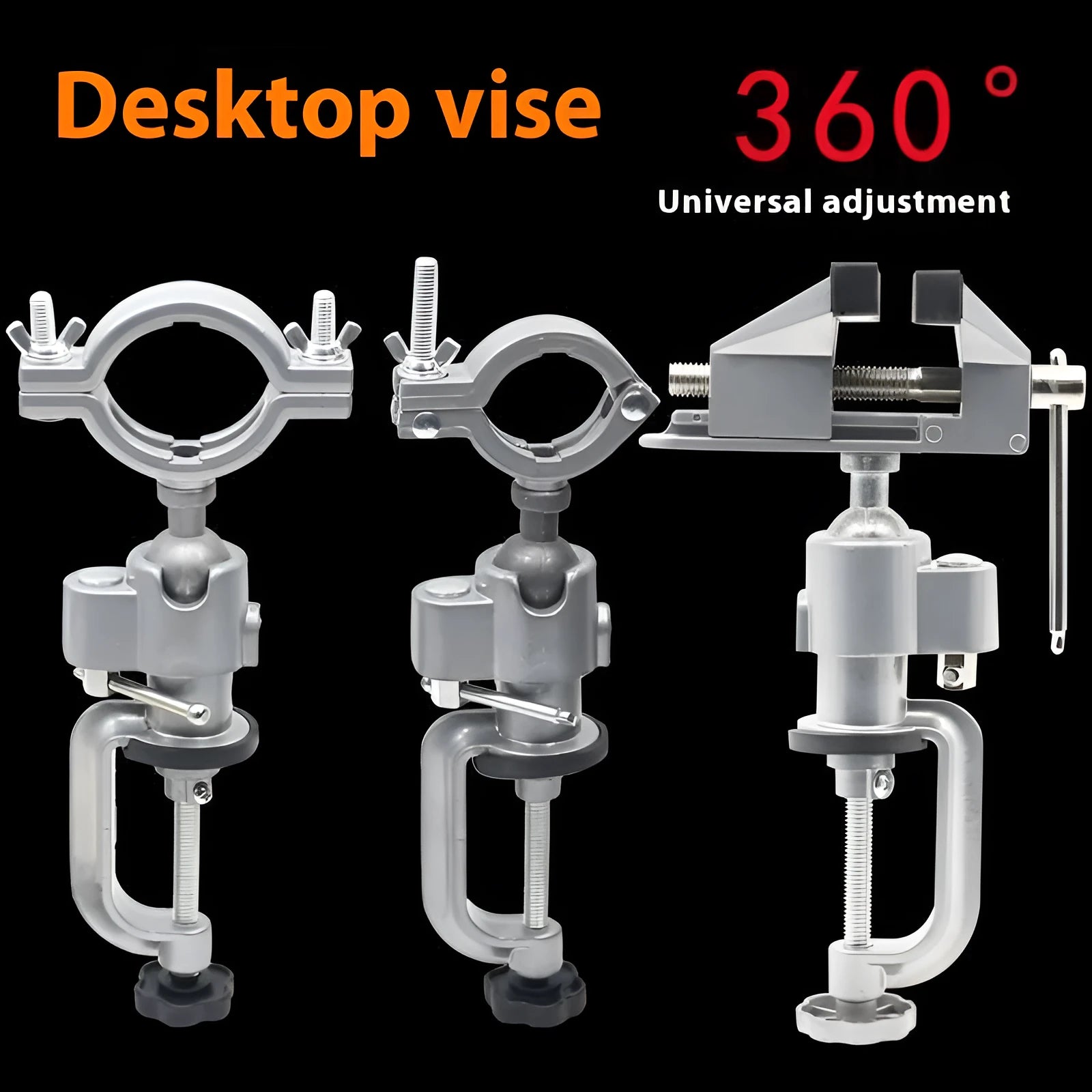 A compact bench vise with a clamp-on bracket and 360-degree rotating head, showing its tungsten steel jaws.