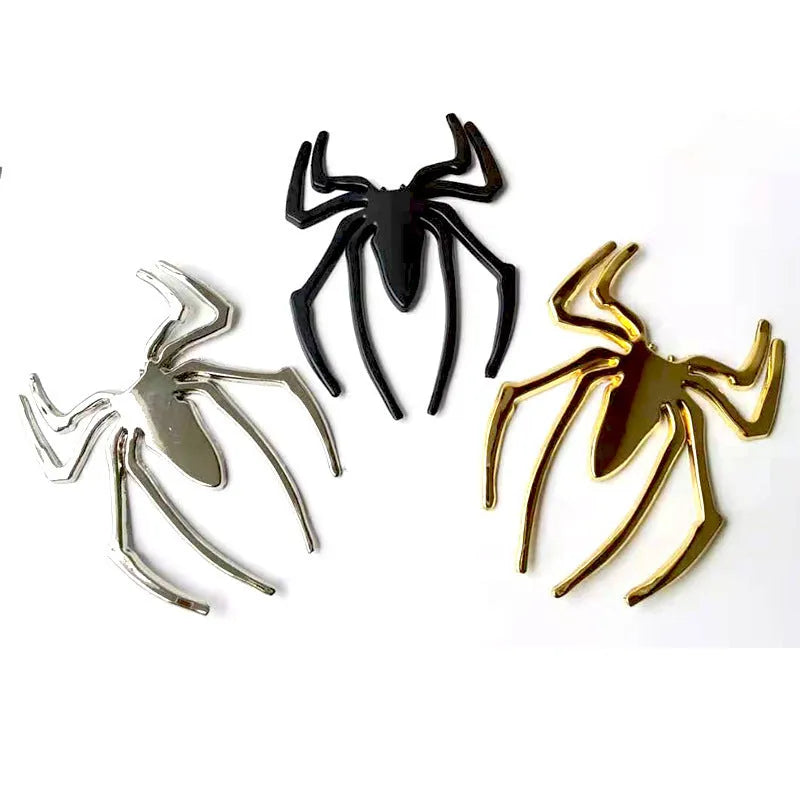 Zinc alloy 3D spider car bumper sticker in gold, silver, black, and red colours.