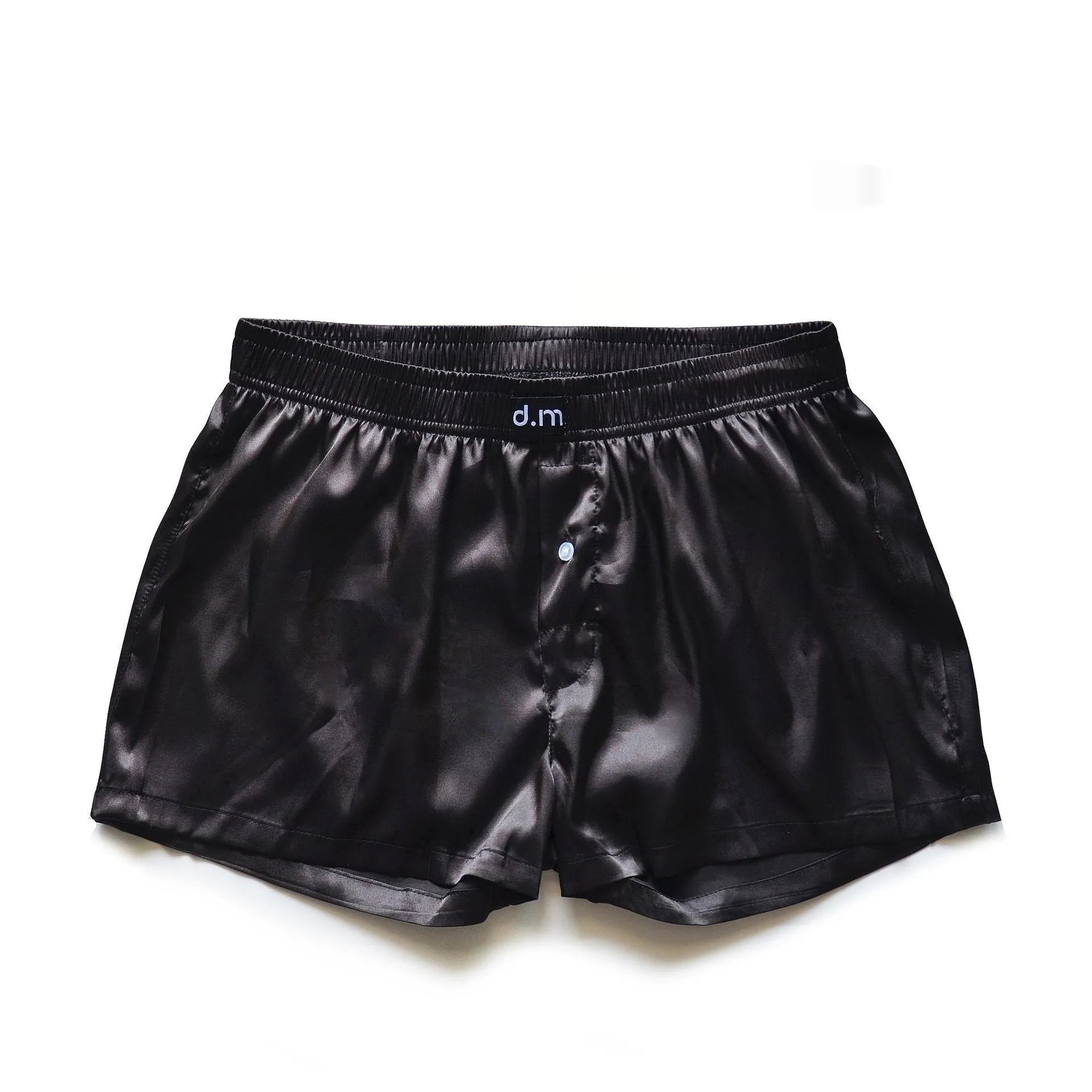 Men's silky polyester low waist boxer pajama shorts in five colours: black brown, light purple, milk coffee, navy blue, white; sizes M to XXL