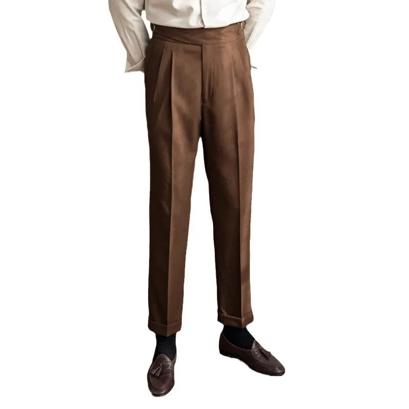 Men's high waist straight leg casual trousers in black, shown flat.