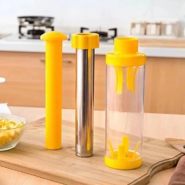 Yellow cylindrical corn stripper kitchen tool with stainless steel blades for removing kernels