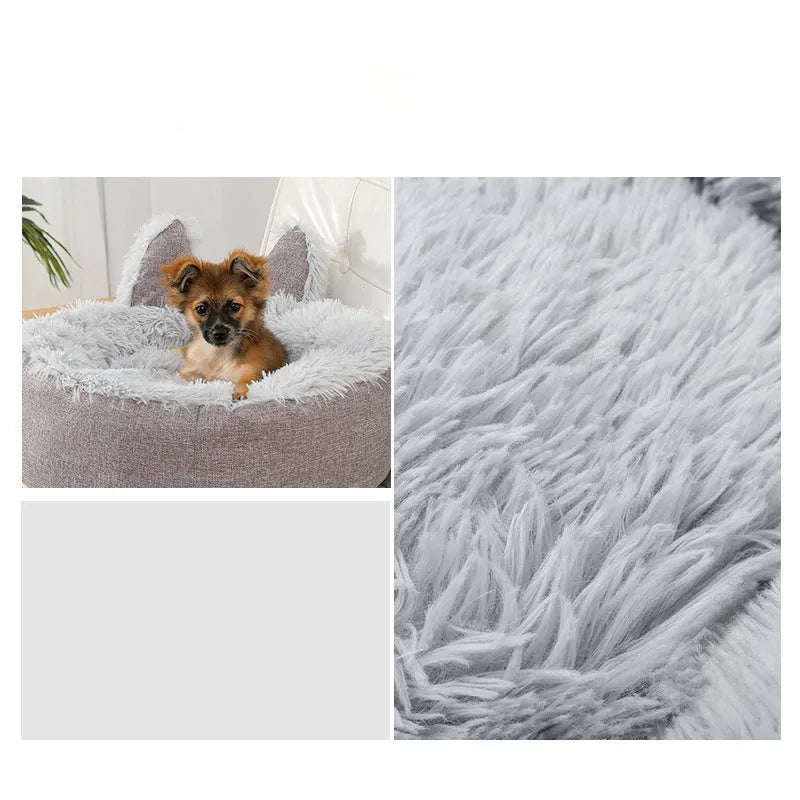 Soft faux fur plush cat bed in grey with fluffy interior – available in multiple sizes and colours for indoor use