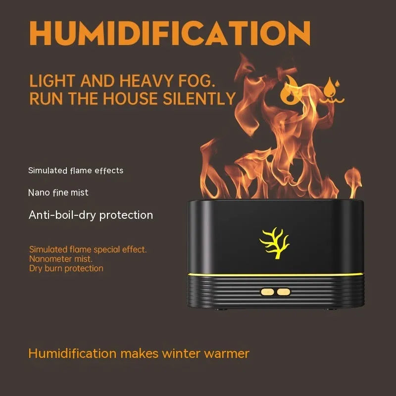 Square black or white USB flame humidifier with LED fire simulation and aromatherapy function