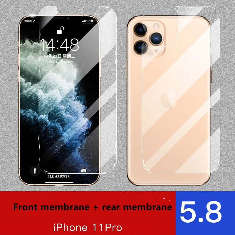 iPhone 11 Pro Max tempered glass screen protector with rear film showing 10D explosion-proof edges.