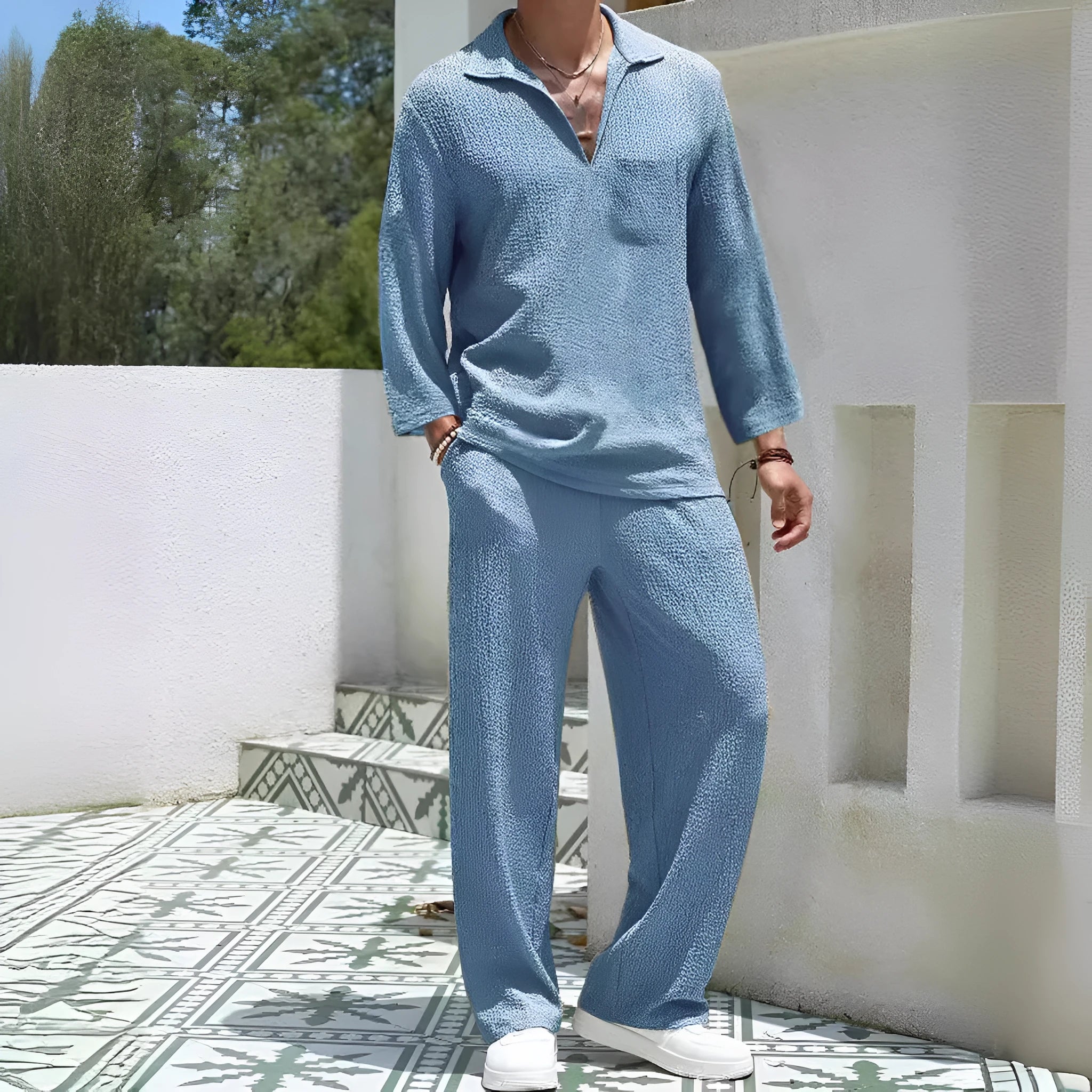 Men's casual polyester shirt and trousers set in lake blue colour