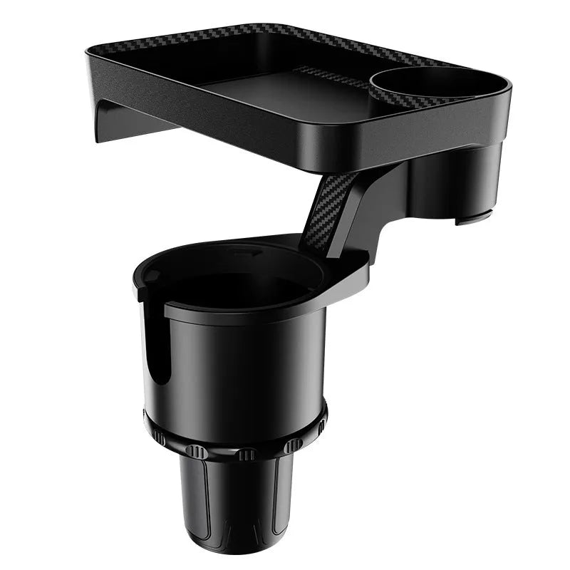 Black rotating car dinner tray holder mounted in a vehicle cup holder.