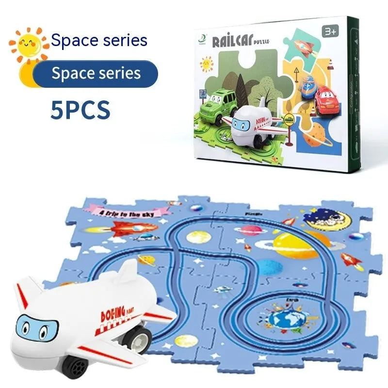 Children puzzle electric railroad speeder with DIY assembly track and automatic car, dinosaur theme