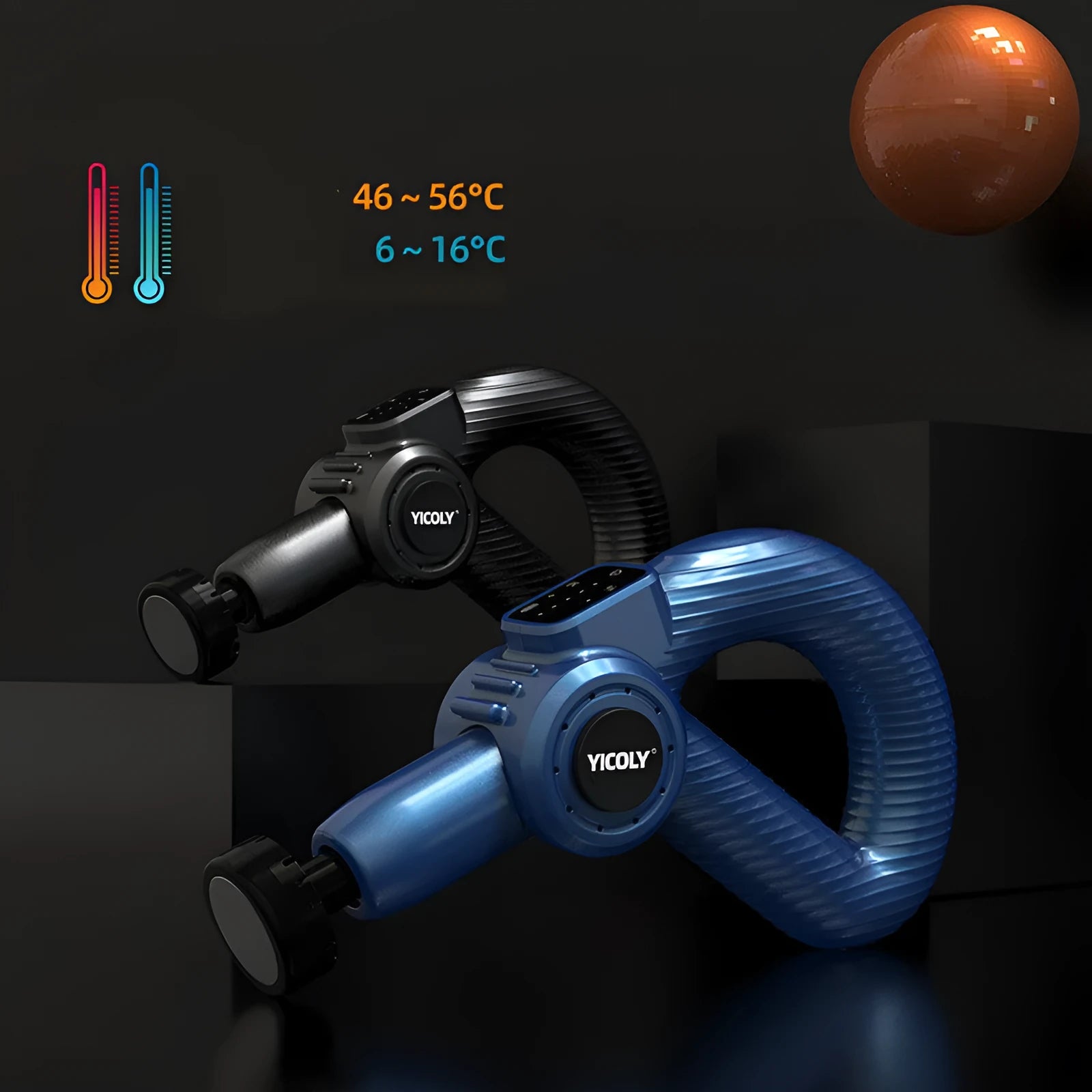 Black smart muscle massage gun with multiple attachment heads on a grey background