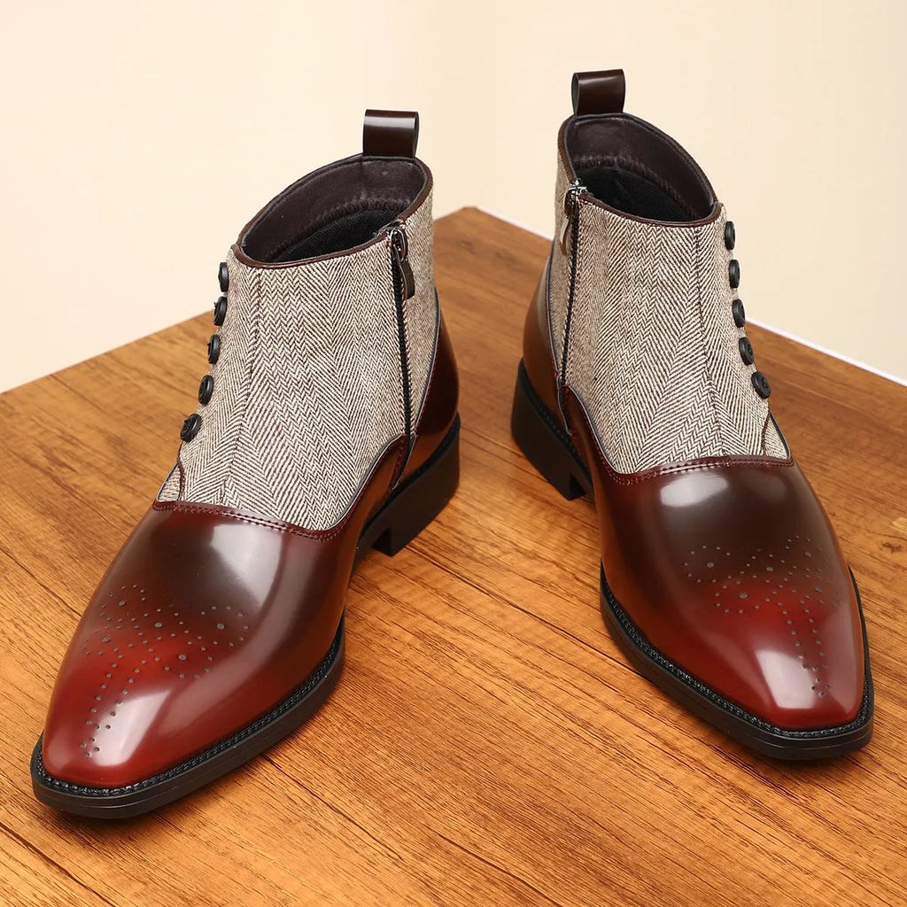 Men's brown retro formal shoes with side zipper and square toe on a plain background.