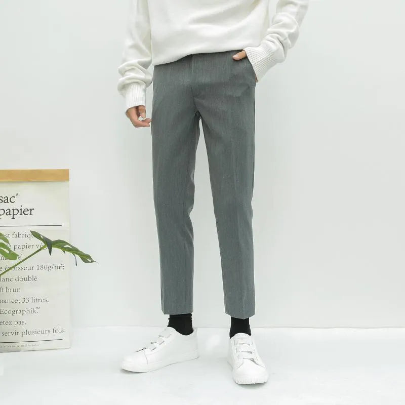 Men's slim straight-leg cotton trousers with drawstring waist in black, grey, or khaki colours
