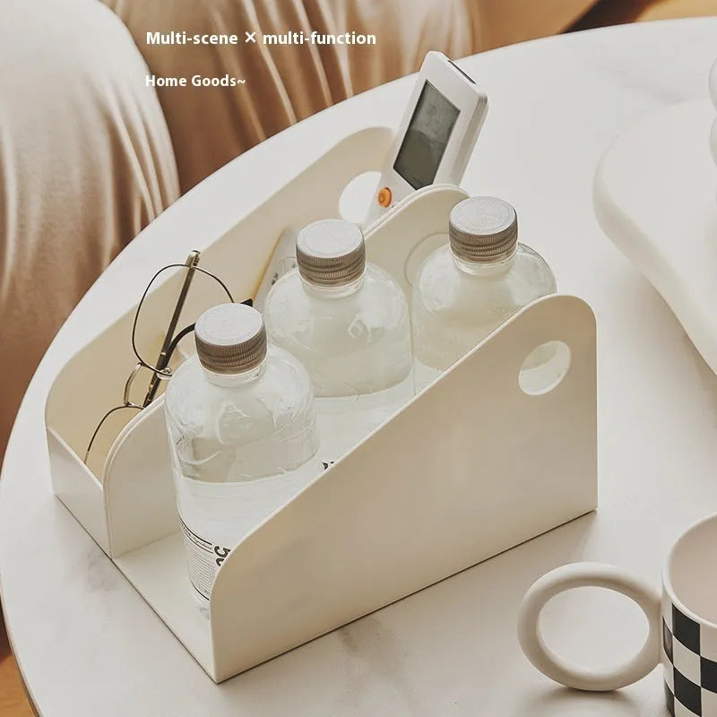 Plastic desktop storage box with two compartments in ivory white or milk coffee colour