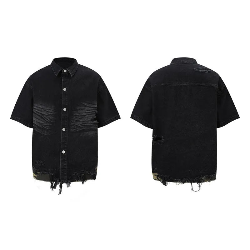 Women's leopard print denim short sleeve top and matching shorts with cut edge stitching.