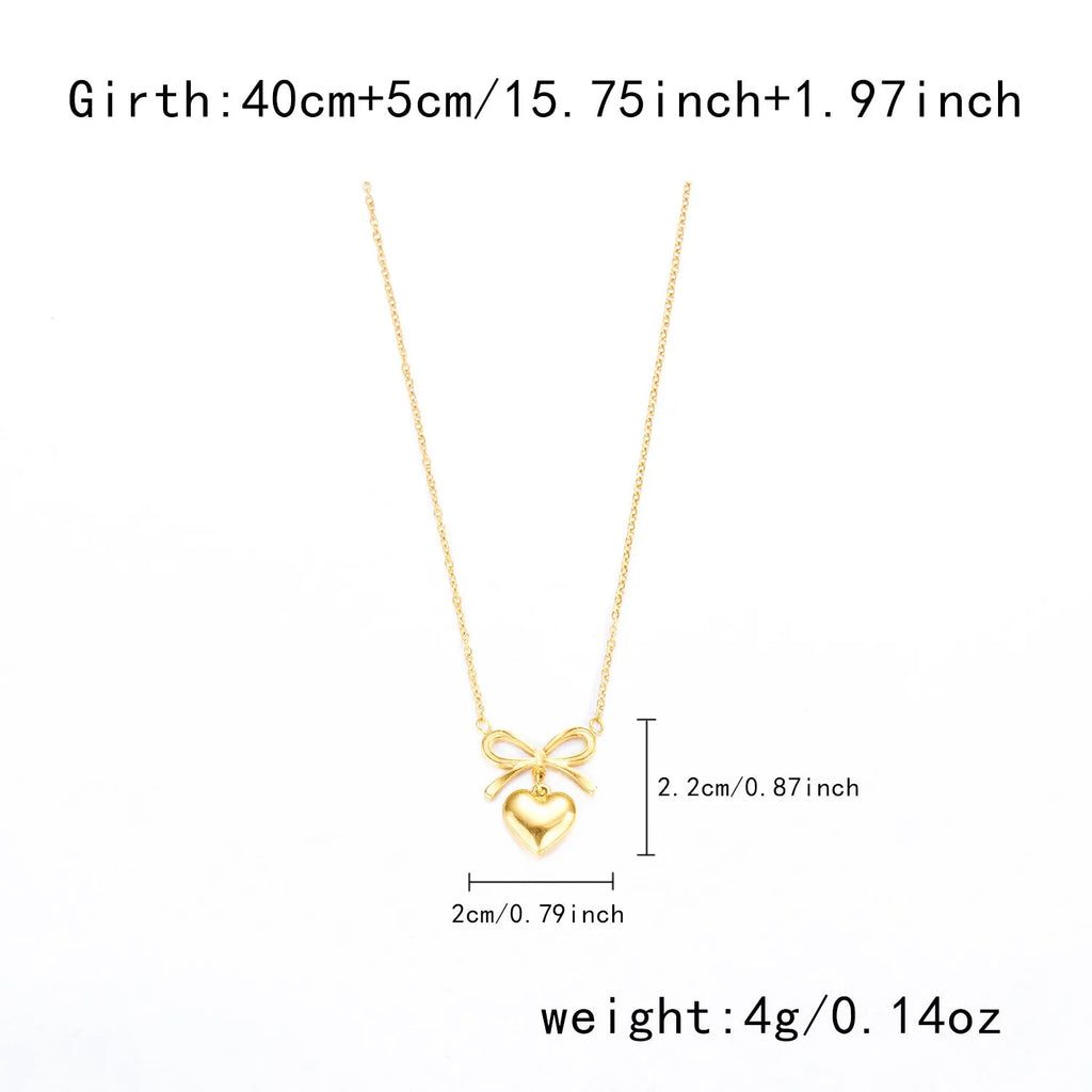 Stainless steel love heart bowknot charm choker necklace for women, adjustable 41–50cm perimeter, waterproof finish