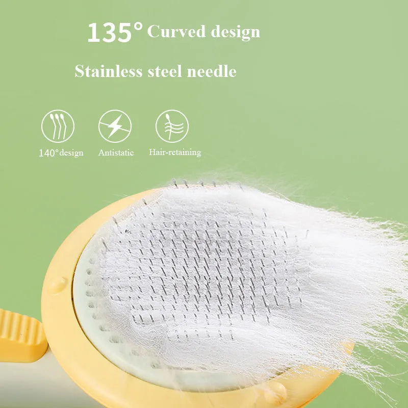 Hand-held pet grooming brush with curved stainless steel teeth in pumpkin colour option