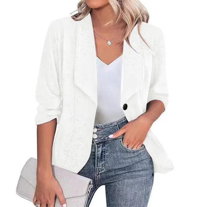 Close-fitting slim fit women's suit jacket cardigan in black, white, or wine red.