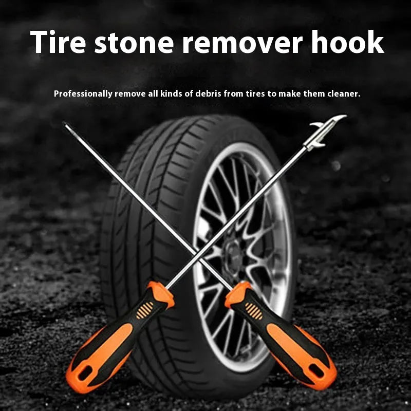 Black and yellow stone cleaning hook tool with stainless steel hook head for removing debris from tyre treads