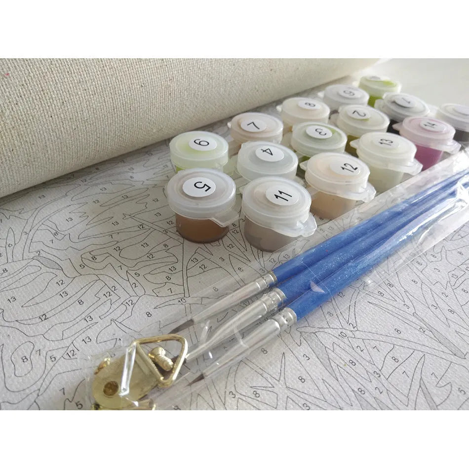 Paint by numbers kit showing landscape design on 40x50cm linen canvas with acrylic paints