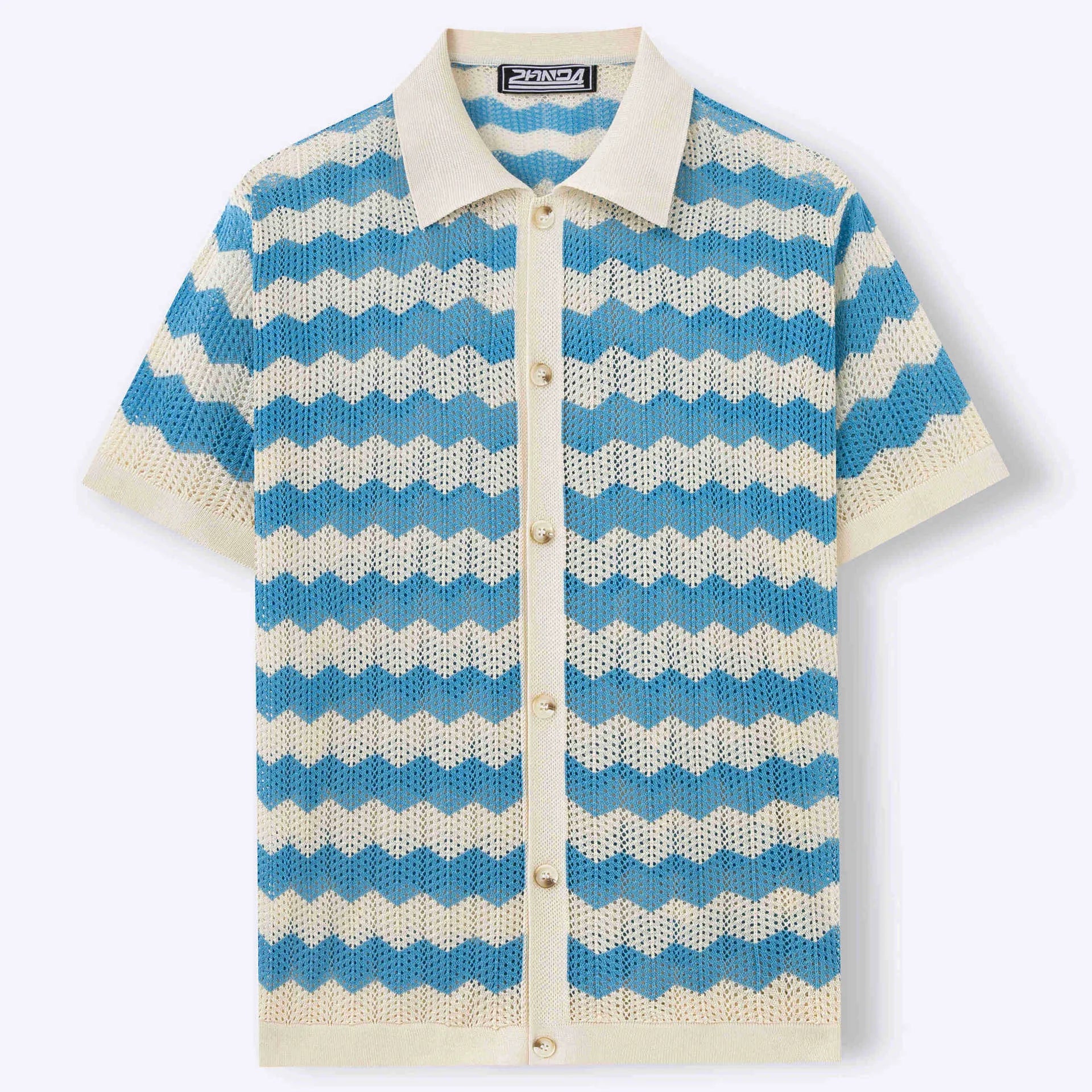 Short sleeve corrugated knit sweater in blue, brown, or yellow, showing textured jacquard pattern.
