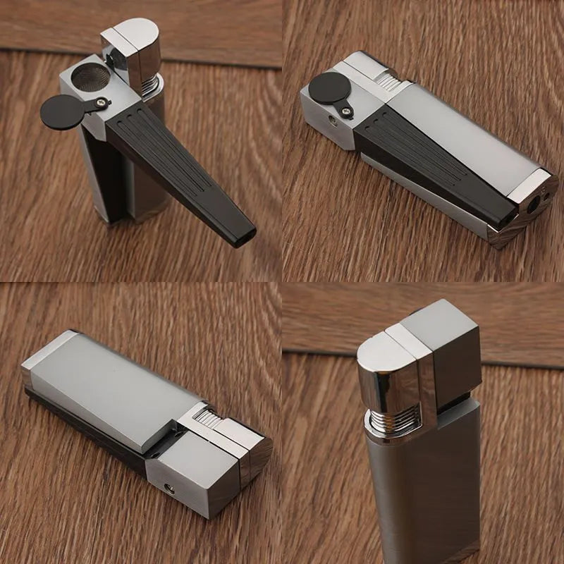 Silver foldable metal pipe lighter in open position showing flame mechanism and storage compartment.