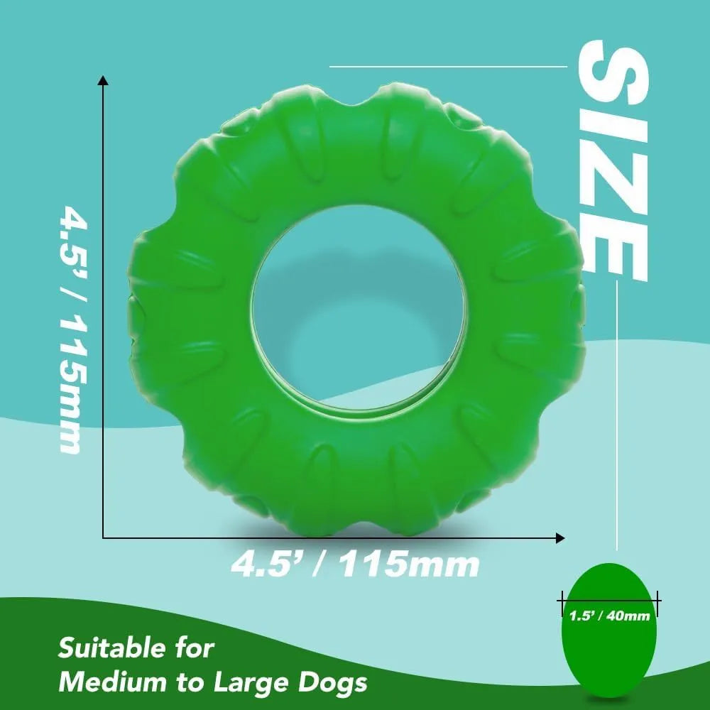Blue rubber tyre-shaped dog chew toy with oval openings, shown as a slow feeder and interactive puzzle toy