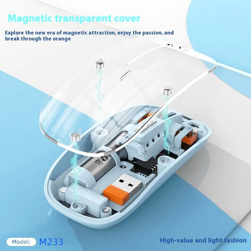 Transparent wireless computer mouse with USB connection showing internal components through plastic housing