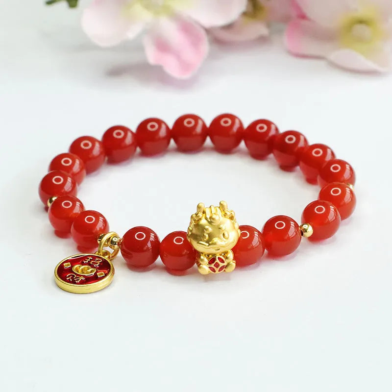 Red agate zodiac dragon bracelet with 8mm Chinese style beads for birth year symbolism
