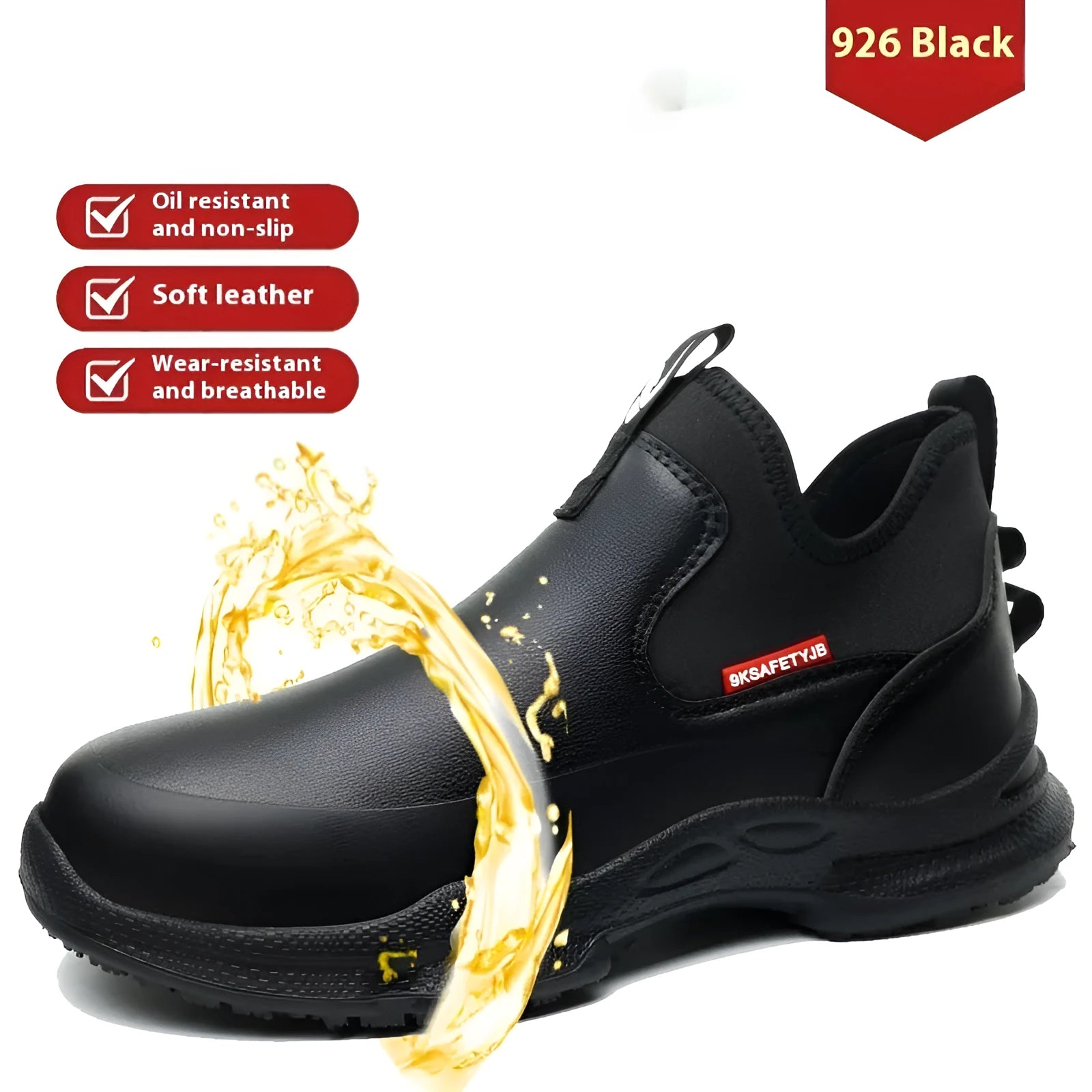 Black high-cut waterproof work shoes with rubber soles for chefs and industrial workers