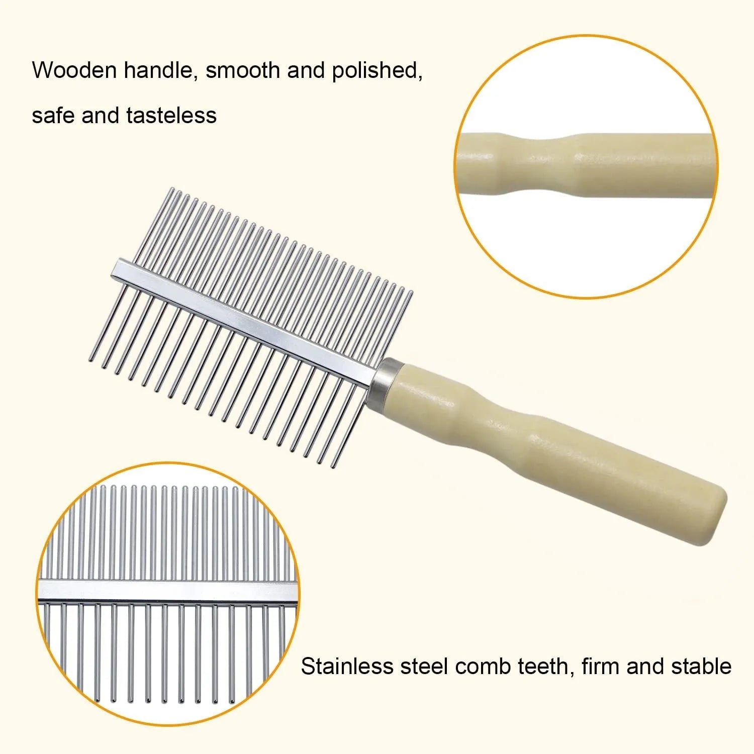 Wooden handle pet grooming comb with round metal teeth for dogs and cats