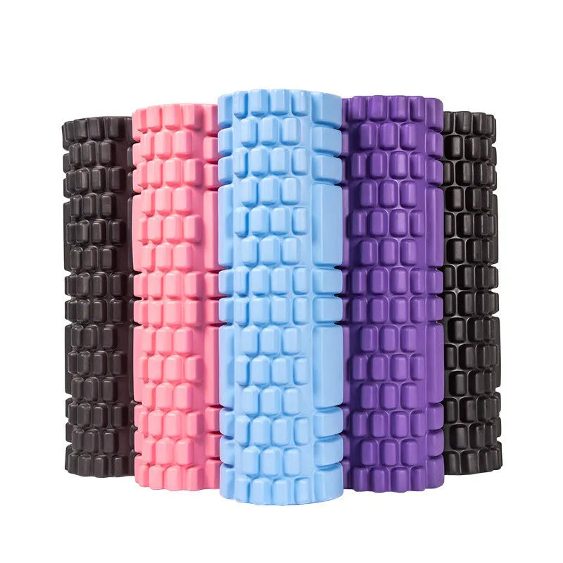 A firm EVA foam roller in a choice of colours like pink or black, shown in different sizes for fitness recovery.