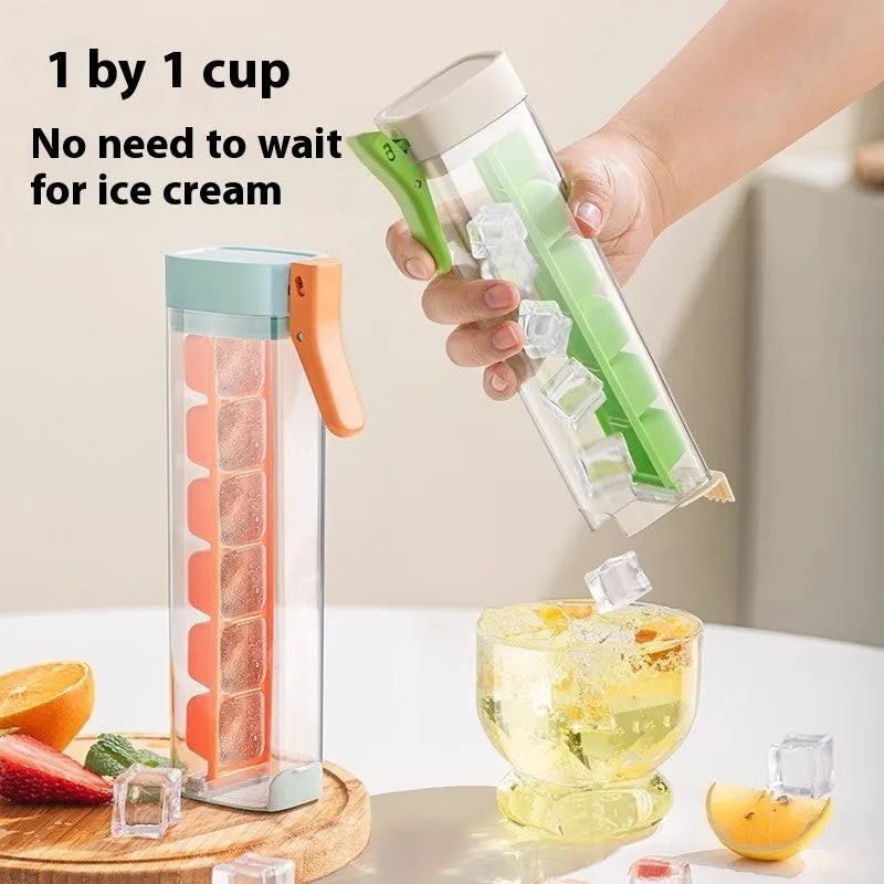 Food-grade ice cube mould with one-press release mechanism and storage box in kitchen setting