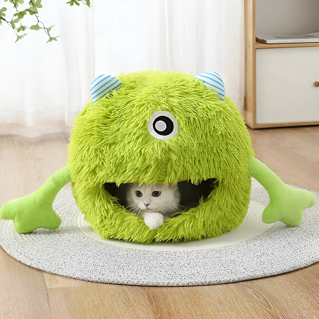 Fluffy round plush cat bed with a non-slip base in three sizes: small, medium, and large.