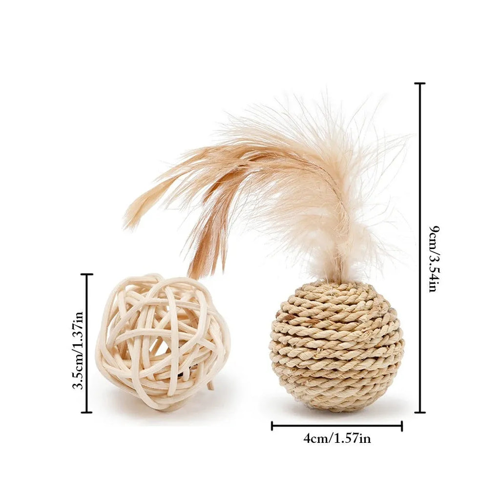 Two cat toys: a brown woven rattan ball and a multicoloured faux feather ball with a bell on a white background.