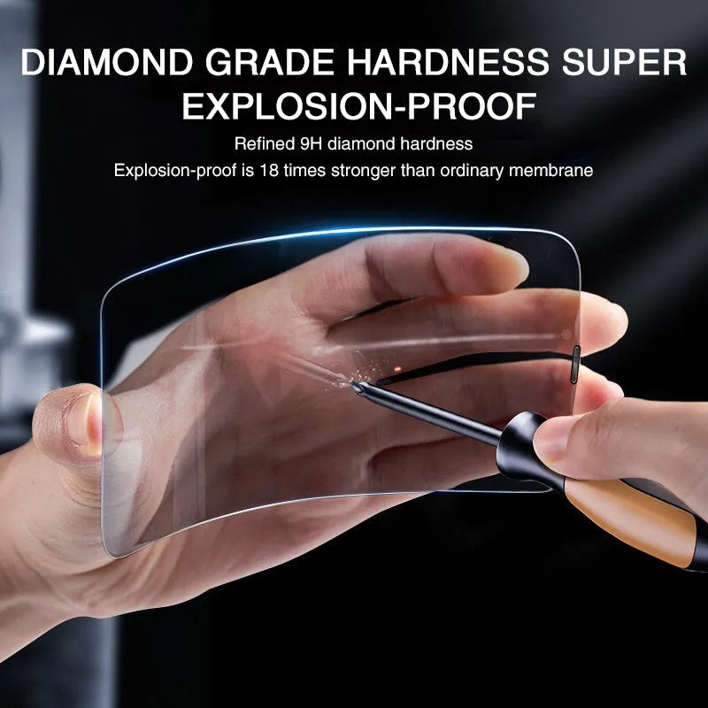 Anti-peeping tempered glass full screen protector for iPhone on a white background.
