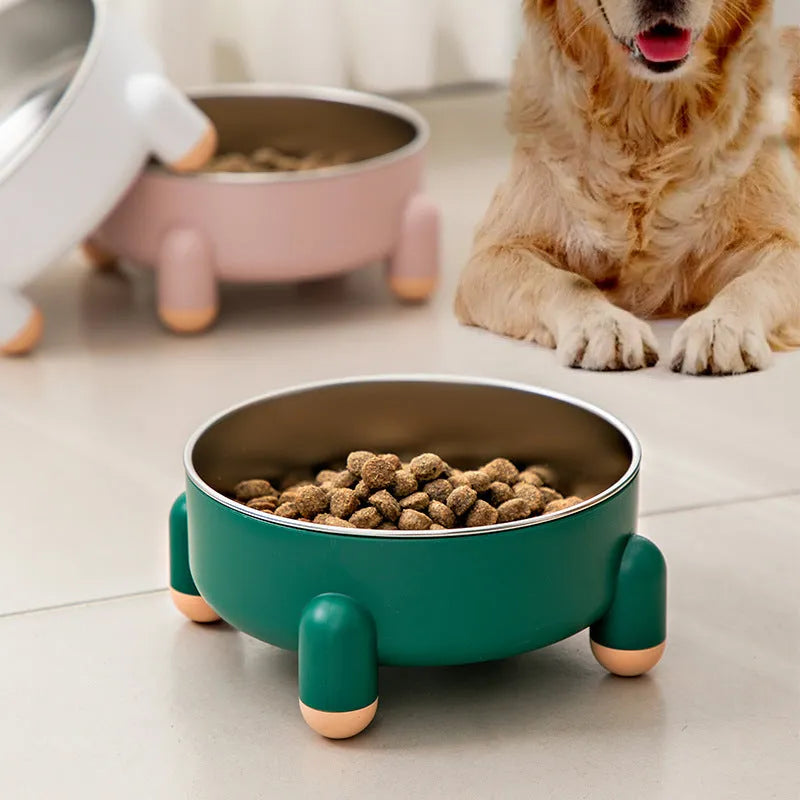 Green stainless steel pet food bowl with high foot and non-slip anti-overturn base.
