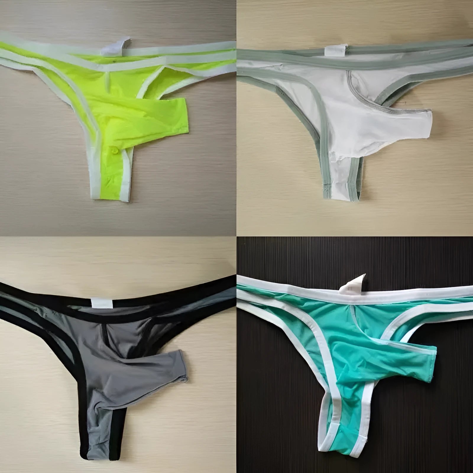 Men's ice silk briefs in colours black, white, army green, dark grey, sky blue, grass green, and skin colour.