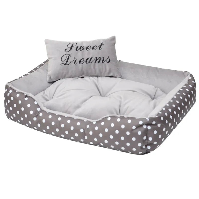 Polka dot printed square dog bed with matching pillow in grey, blue, pink, or rose red.
