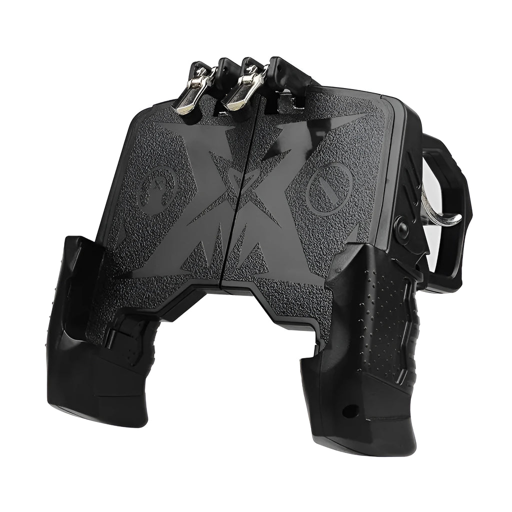 Black and brown-black mobile phone plug-in gamepad handle controller for gaming.