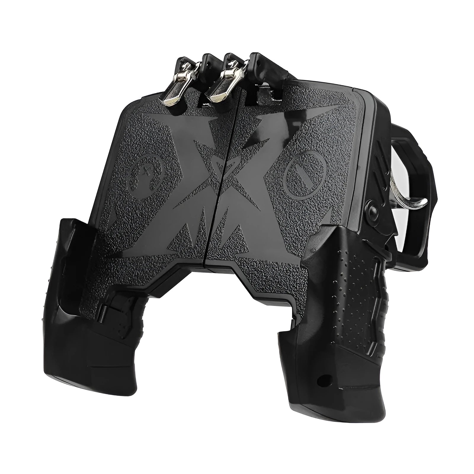Black and brown-black mobile phone plug-in gamepad handle controller for gaming.
